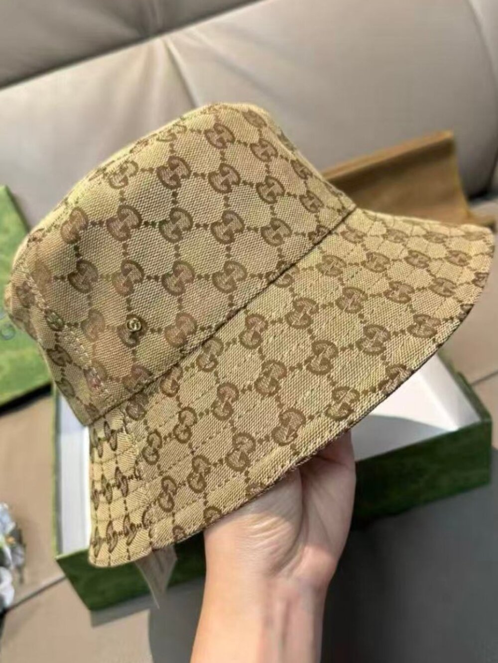Gucci GG Monogram Bucket Hat Beige Canvas Designer Fisherman Hat